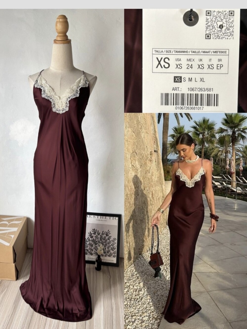 NWT ZARA LACE SLIP DRESS ZW COLLECTION satin silk maxi dress Lingerie Burgundy B